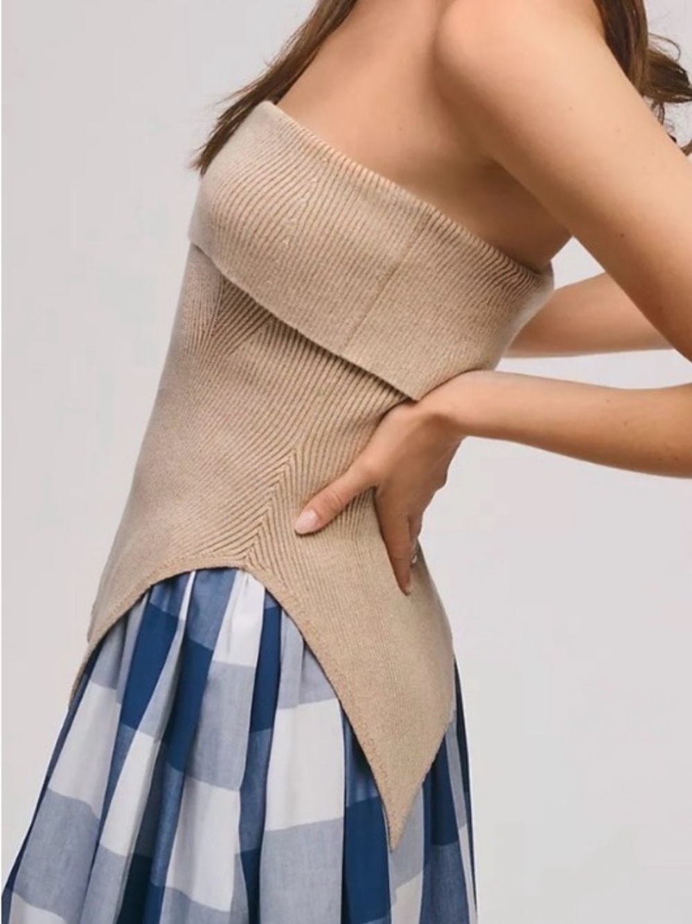 NWT New Mon Renn Beige Asymmetrical Strapless Knit Sweater Tube Top Small [CH] - Picture 5 of 12